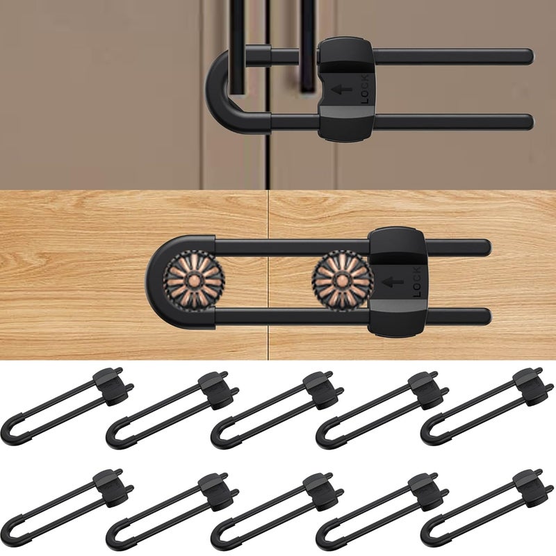 TERDEWE (10 pack black) 4 button Cabinet Locks, U-Shaped Proofing Drawers Safety Child Locks Adjustable, for Wardrobe,Kitchen,Bathroom,Drawer,Fridge,Cupboard Doors Knobs & Handles - Image 1